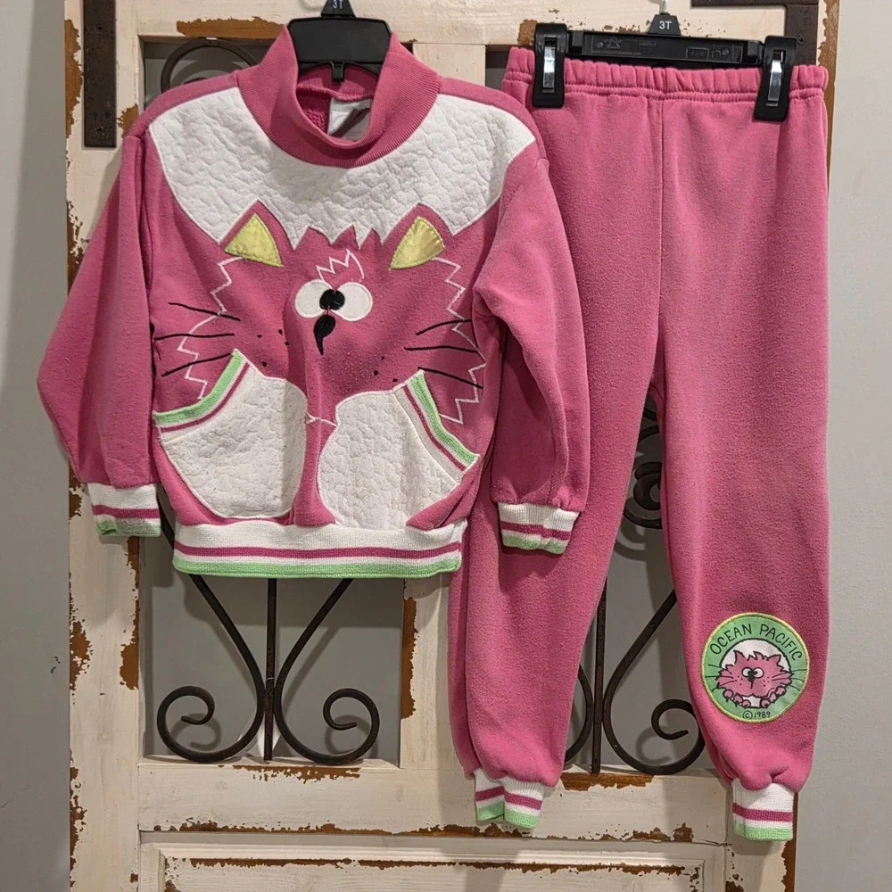 Vintage 1989 Ocean Pacific Pink Cat Tracksuit Set Kids Size 4T 80s OP Fleece